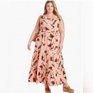 Ava & Viv Women's Maxi Dress Floral Ruffle Sleeveless Peach Pockets Belt Size 1X